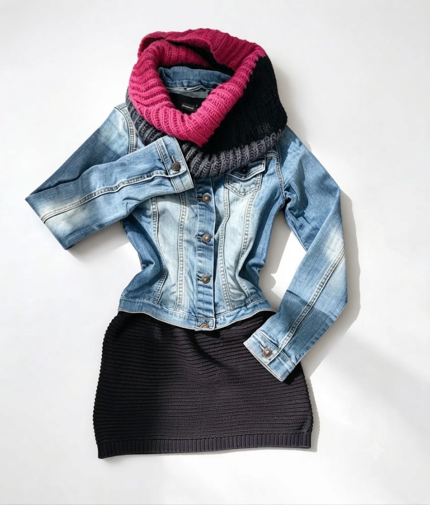 FPC Lot look complet 3 pièces Veste en jean, Robe pull & Tour de cou (12-14 ans)