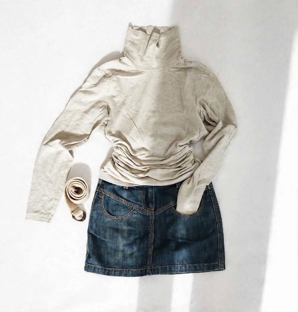 Pepperts Ensemble beige et denim : pull col roulé + jupe+ ceinture