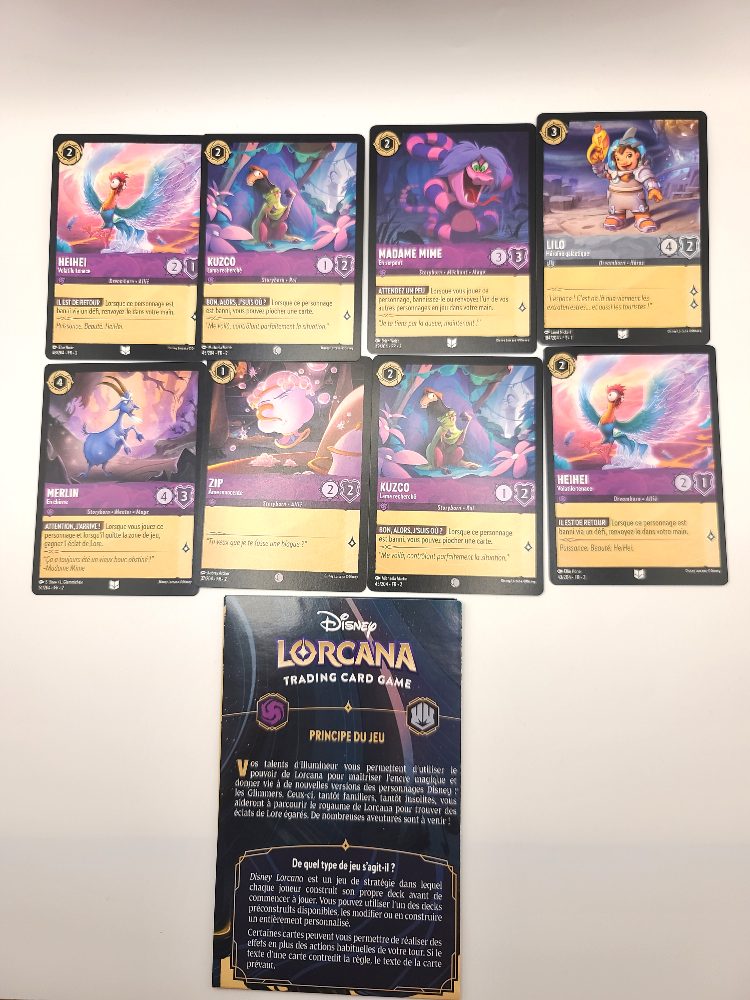 Disney Lot 8 cartes Disney Lorcana + Dépliant Règles du jeu (Très bon état)